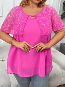 SHEIN CURVE+ Camisa casual de verano de talla grande con estampado impreso y cuello con solapa y parcheado de tela