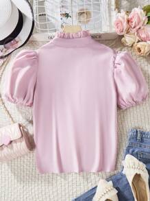 Tween Girl Summer Elegant 3D Flower Puff Sleeve Lady Shirt - Pink - View 2