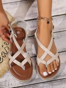 Sandales à sangles croisées à semelle épaisse pour femmes, style français chaussures de plage pour les vacances