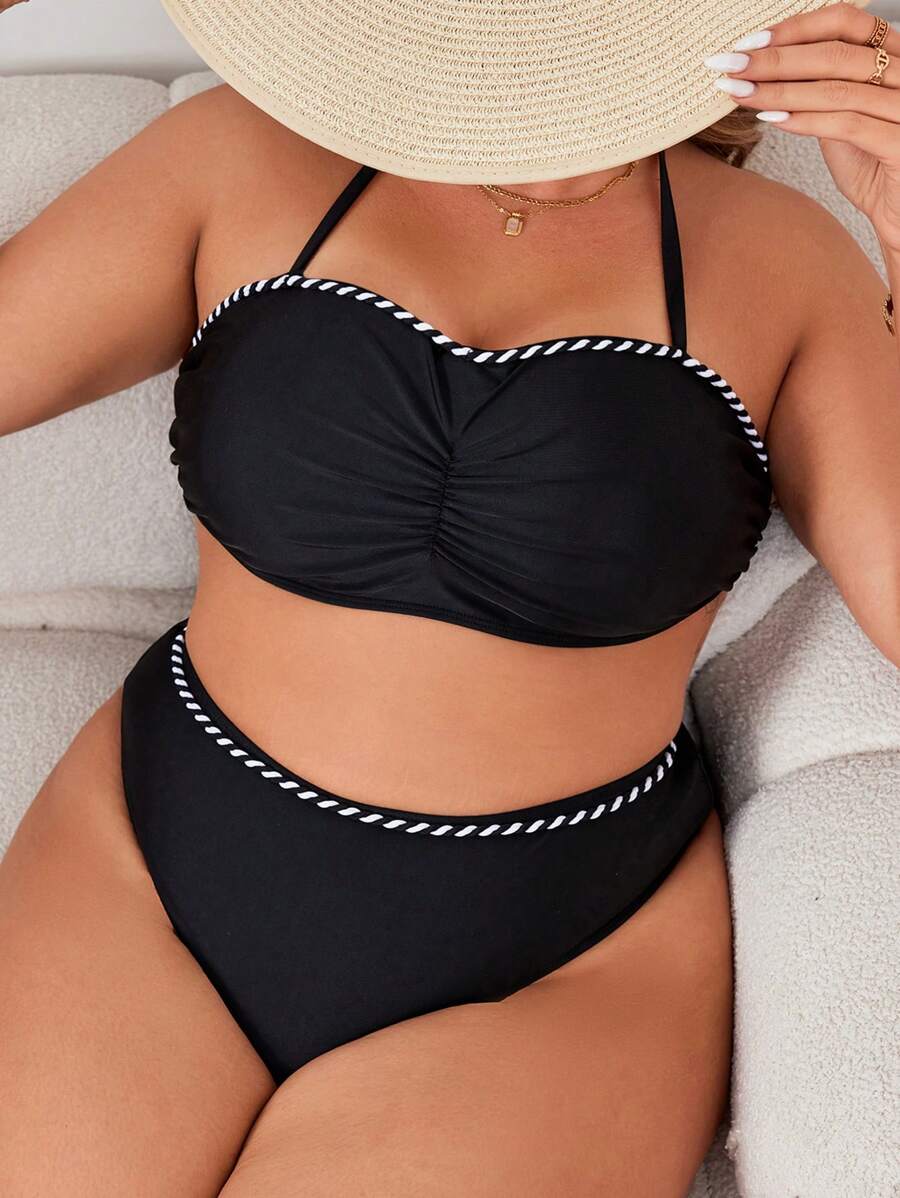 SHEIN Swim Curve 大码沙滩装，撞色边饰，两件套比基尼，适合夏季海滩 - 黑色 - 查看 1