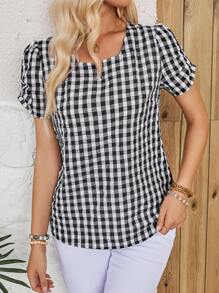 EMERY ROSE Blusa de mujer de verano con cuello con escote y mangas cortas a cuadros - Blanco y Negro - Ver 6