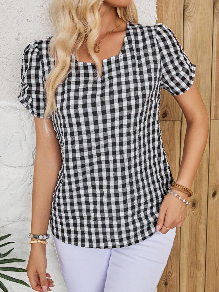Women's Summer Plaid Notched Neck Short-Sleeved Blouse