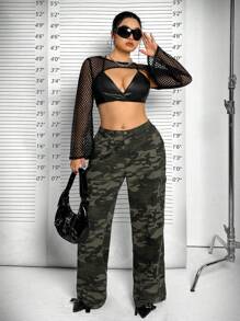 SHEIN ICON Plus Size Fishnet Super Short Bell Sleeve Top (No Tube Top)