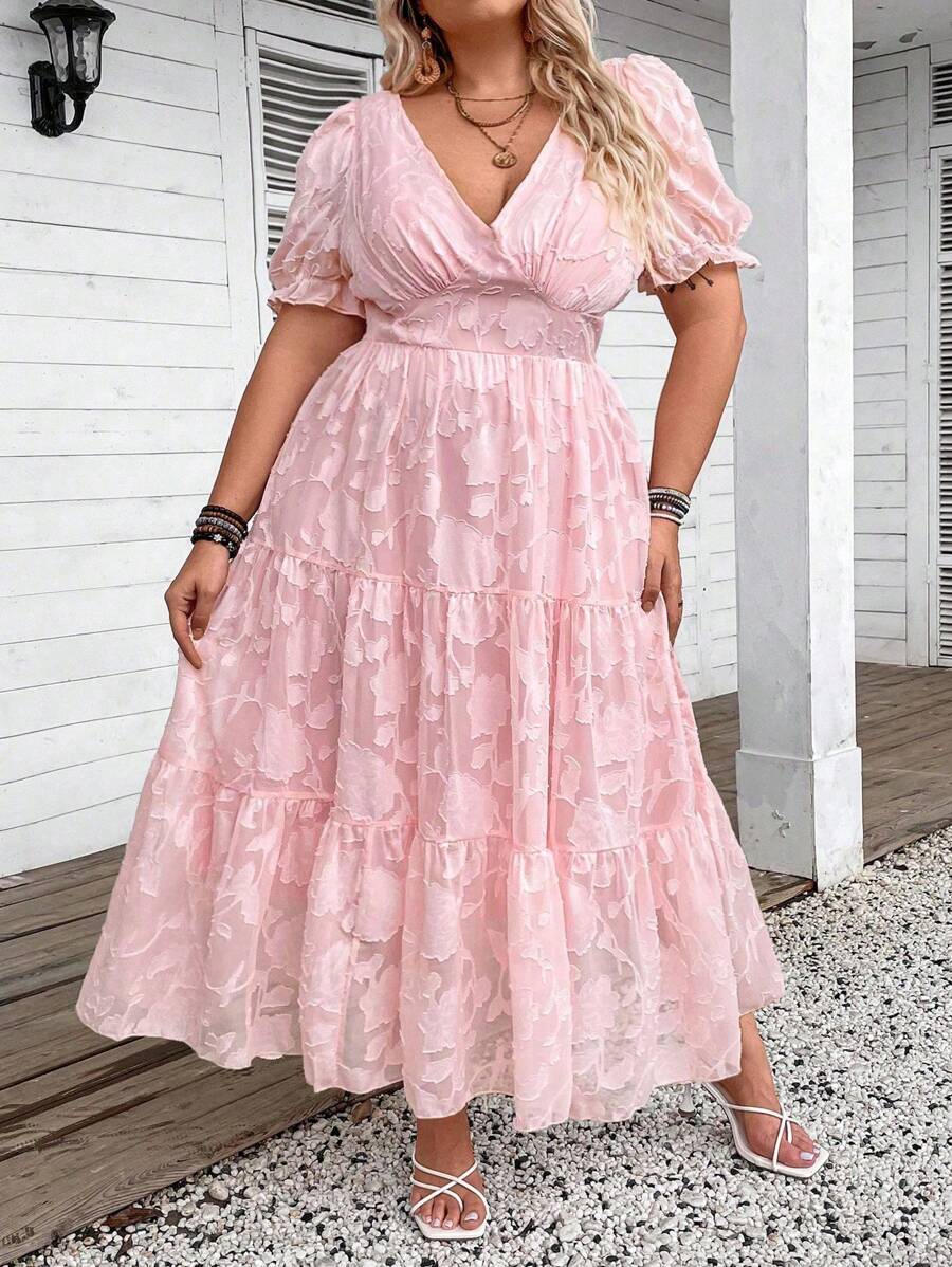 SHEIN CURVE+ Váy dài tay bồng họa tiết hoa mỏng cổ tim cỡ lớn mùa hè - Hồng - Xem 1