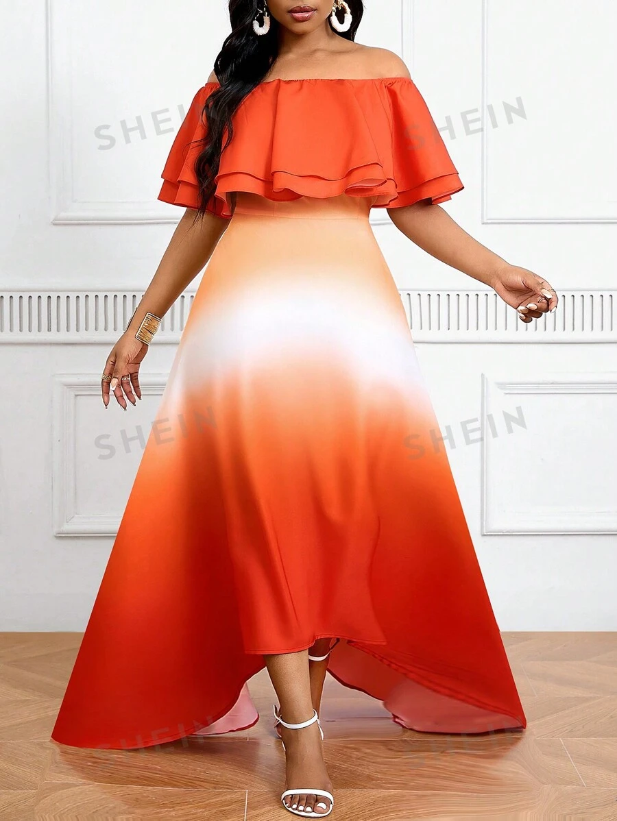 SHEIN Lady Plus Size Orange Ombre Off Shoulder Ruffle Asymmetrical A ...