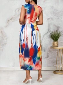 SHEIN Lady Vestido de damas con estampado tie-dye colorido con bolsillo, perfecto para conciertos de música country - Multicolor - Ver 2