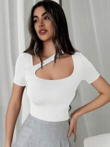 Firerie Camiseta ajustada de cuello cuadrado para mujer con huecos - Blanco - Ver 1