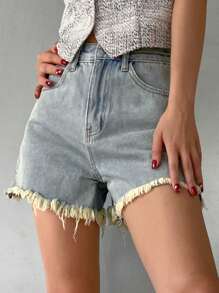 DAZY Solid Color Frayed Edge Denim Shorts With Pockets, Summer Casual Wear - Light Wash - View 4