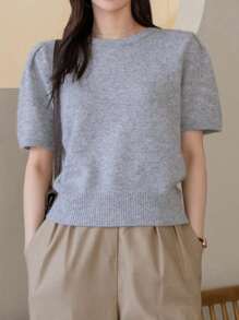 DAZY Solid Color Crew Neck Short Sleeve Knit Top,Fall Clothes - Grey - View 15