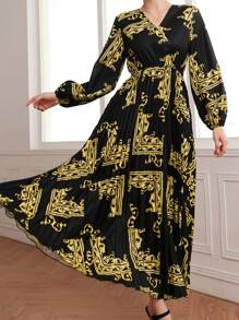 Modelyn 宮廷風圍巾圖案燈籠袖百褶洋裝