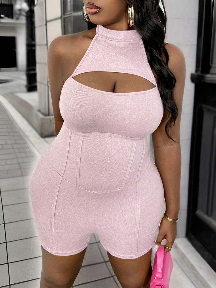 Plus Size Solid Color Halter Hollow Out Sleeveless Jumpsuit, Summer