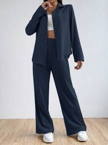 SHEIN EZwear Conjunto de blusa y pantalón de dos piezas de unicolor simple para uso diario de mujer - Azul Marino - Ver 3
