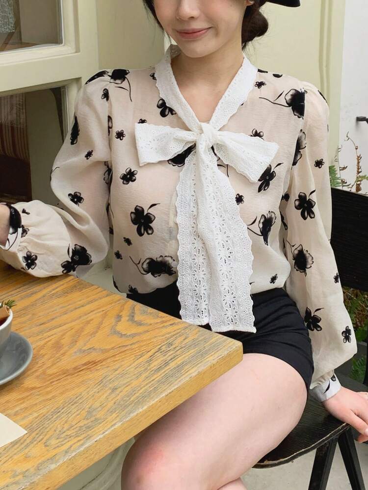 Women Tie-Neck Casual Daily Wear Spring/Summer Long Sleeve Shirt,Fall Clothes Graphic Tee