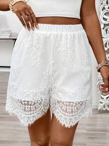 SHEIN Clasi Shorts elegantes de encaje blanco para mujer, moda de verano - Blanco - Ver 1