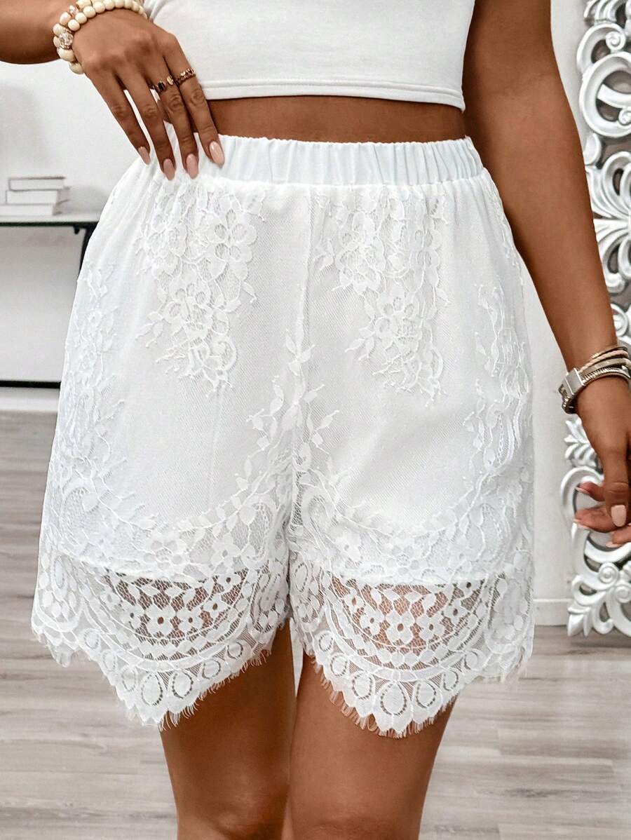 SHEIN Clasi Shorts elegantes de encaje blanco para mujer, moda de verano - Blanco - Ver 1