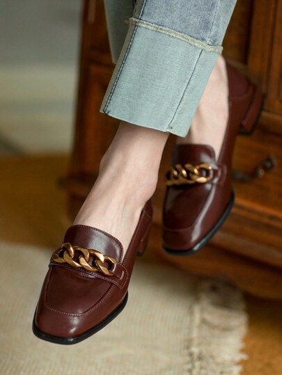 Mocassini piatti da donna per autunno/inverno, punta quadrata retrò, mule con tacco chunky casual, scarpe in stile britannico in pelle