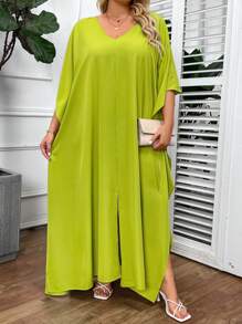 SHEIN CURVE+ فستان يومي بسيط بموحد اللون للسيدات بمقاس كبير - أخضر - مشاهدة 4