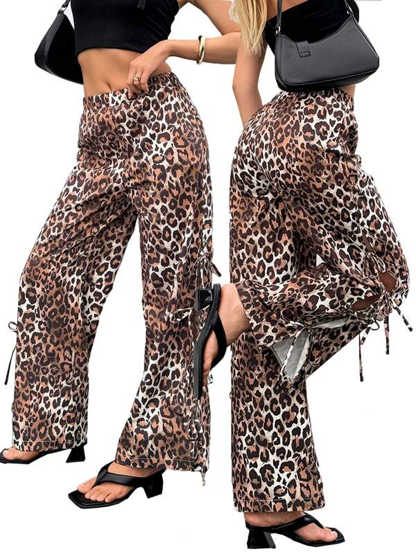 SHEIN Essnce Novedad de 2024: Pantalones casuales de pierna recta con patrón de leopardo para mujer con abertura lateral alta y cinturón