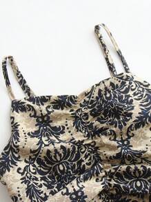 EARO 女士度假植物印花荷叶边吊带连衣裙 - 黑色 - 查看 6