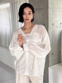 FRIFUL Ladies' Semi-Transparent Plain Simple Daily Shirt Sheer - White - View 5