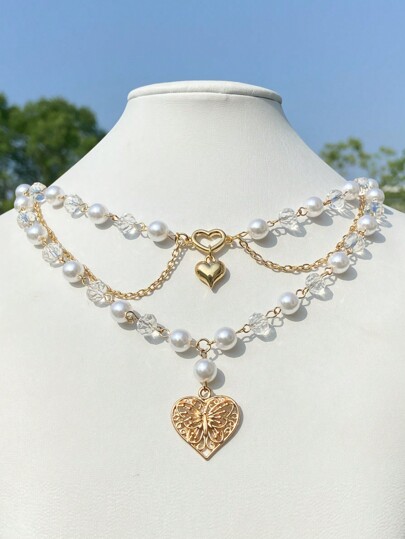 Fairycore 1pc Women's Fresh Style Multi-Layered Necklace With Hollow Butterfly, Heart-Shaped Pendant, Pearls, And Crystals