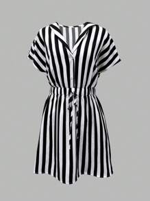 Chiquease Women's Jumpsuit With Short Bat Sleeves, Button-Up Striped Print - Black and White - View 3