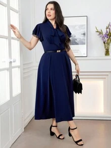 Modelyn 優雅純色蕾絲修邊連衣裙，適用於大尺碼女性，夏季 - 藏蓝色 - 查看 5