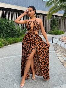 SHEIN SXY Vestido de tirantes para mujer con estampado total, cuello halter, aberturas laterales y espalda abierta, estilo sexy para la playa