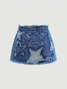 SHEIN Girlism Teen Girls' Y2K Denim A-Line Skirt With Star Patched Faded Frayed And Frayed Hem, Summer Clothes Outfits