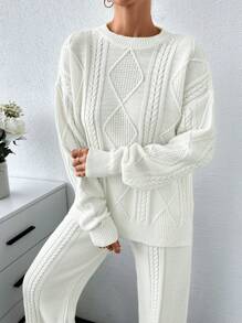 EURMUSE Cable Pattern Sweater And Pant Knitwear Set Casual - White - View 6