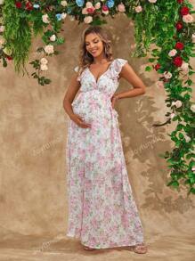 Joyfunear Maternity Vacation Casual Backless Long Floral Dress With Ruffle Hem And Tie-Up Details
