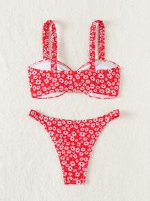 SHEIN Swim 女式夏季海灘雛菊印花前扣綁帶內衣和比基尼底部性感比基尼套裝，隨機印花 - 彩色 - 查看 2