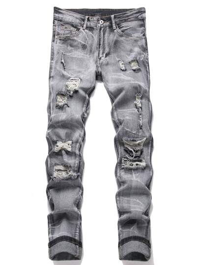 Manfinity Roughcore Pantalon slim en jean pour hommes avec poches et design déchiré pour un usage quotidien et les voyages, style Emo