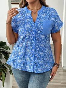 SHEIN LUNE Plus Size 3D Hollow Out Contrast Color Embroidery Thread Shirt With Lapel And Button Opening - Blue and White - View 4