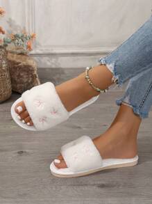 秋冬女士刺绣蝴蝶结家居拖鞋，四季皆宜的毛绒室内拖鞋，平底女士拖鞋，家用地板拖鞋，蓬松拖鞋