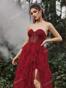 Faeriesty Mesh Overlay Hem Split Thigh Tube Formal Dress Party Dress Wedding Guest Dress Evening Dress,Gown