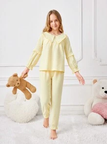 Tween Girl Yellow Solid Color Simple Style Short Sleeve Top And Long Pants Casual 2-Piece Homewear Set - Yellow - View 1