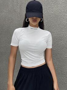 DAZY 女式字母印花半高领修身短款短袖T恤，秋季服装