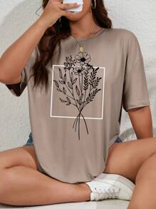 INAWLY Plus Size Women's Loose Fit Flower Print Round Neck Drop Shoulder Short Sleeve Casual Tee, Summer, Graphic T-Shirt Graphic Tees Women Tops - Khaki - View 3