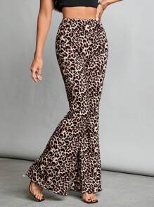 SHEIN Tall Leopard Print Knit Women's Flared Trousers - Brown - View 6