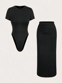 SHEIN Essnce Women's Casual Comfort Black Simple Daily Short Sleeve Skirt Black Skirt Two Pieces Set Airport Outfit Back To School Clothes Women Two Pieces Sets Teacher Clothes Set For Fall - Black - View 1