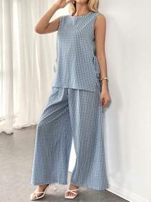 SHEIN Essnce Bộ áo vest kẻ sọc xanh trắng và quần dài thường ngày, thoáng khí, thấm mồ hôi, thấm hút mồ hôi, trang phục sân bay - Màu xanh lam - Xem 1