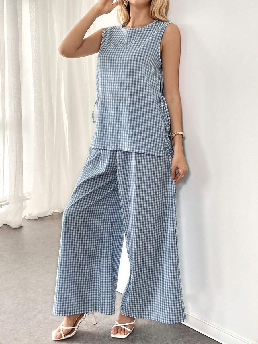 SHEIN Essnce Bộ áo vest kẻ sọc xanh trắng và quần dài thường ngày, thoáng khí, thấm mồ hôi, thấm hút mồ hôi, trang phục sân bay - Màu xanh lam - Xem 1