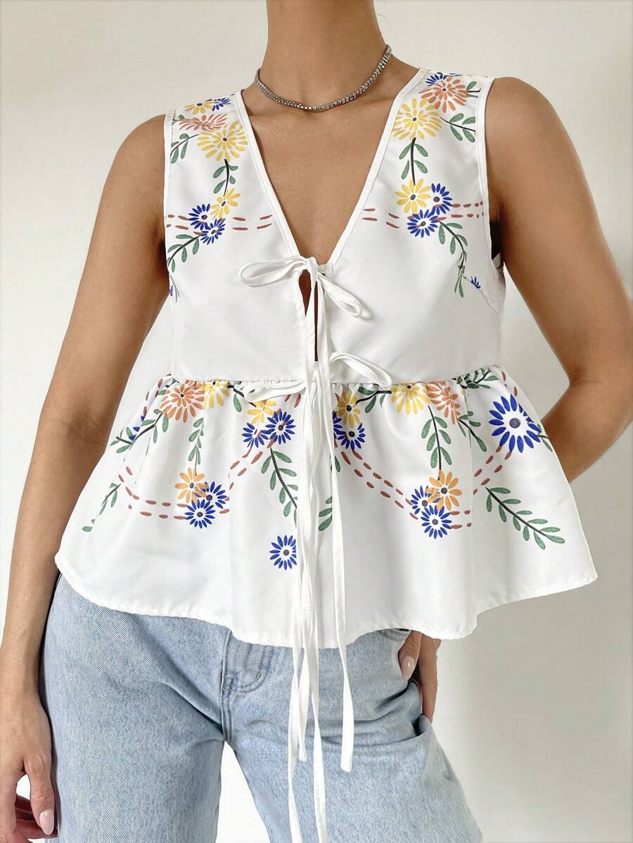 Siren Gaze 女士宽松、轻盈、透气的夏季假日无袖衬衫，带刺绣和印花图案和系带，V 领带前蝴蝶结波西米亚娃娃装，无袖上衣 - 彩色 - 查看 1