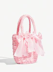 SHEIN ICON LADIES,WOMEN TOP HANDLE BAG,WOVEN BAG, FOR DATE,BIRTHDAY,DATE NIGHT,PARTY,FUNNY,PREPPY,CUTE,Y2K, Fashionable, Personality, Sweet And Cool Hot Girl, Bow Tie, Pink,Hand Crochet,Teenagers