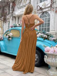 Đầm dạ hội/dự tiệc trang trọng dành cho nữ, kiểu áo hai dây bóng bẩy, nhẹ nhàng và thướt tha, thích hợp cho mùa xuân/hè, lễ tốt nghiệp/dạ hội. - màu nâu - Xem 3
