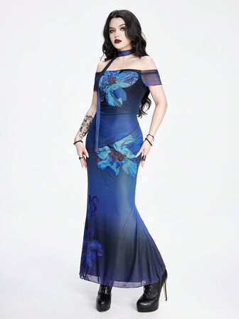 Goth Elegantes und Sexy Damenkleid mit reifem Blume Muster, Mesh-Schal und Off-Shoulder-Design