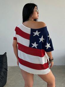 POPSWAY Plus Size Spring/Summer Fashionable Color-Block Asymmetrical Collar American Flag Pattern Batwing Sleeve Knitted Top