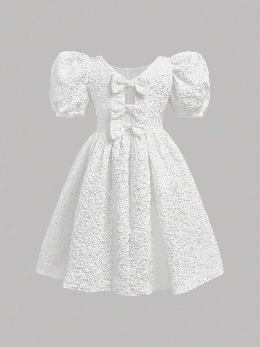 SHEIN 青少女泡泡袖圓領提花連衣裙,背部v領和3d蝴蝶結裝飾 - 白色 - 查看 1