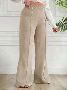 SHEIN Cottnline Plus Size  Double Breasted Decorative Flared Trousers - Beige - View 3
